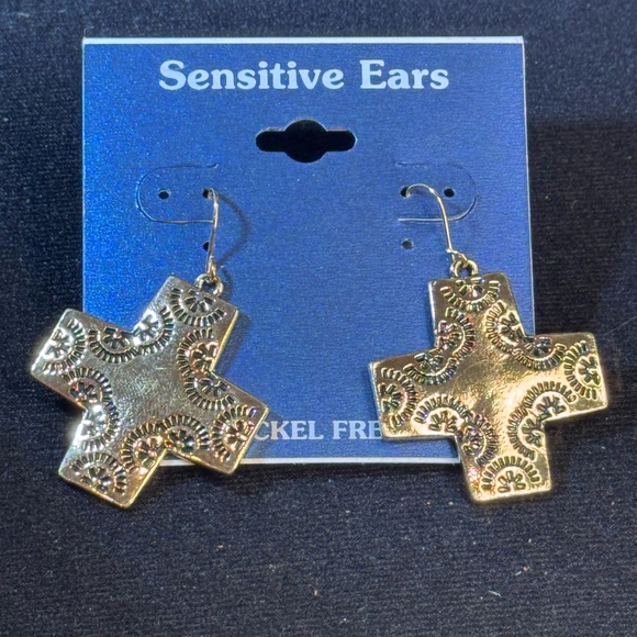 Gold Tone Filigree Cross Dangle Earrings 2 inch - Picture 4 of 8